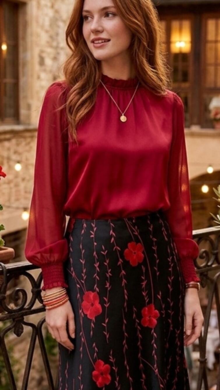 LOFT Floral Black and Red Satin Women's Skirt